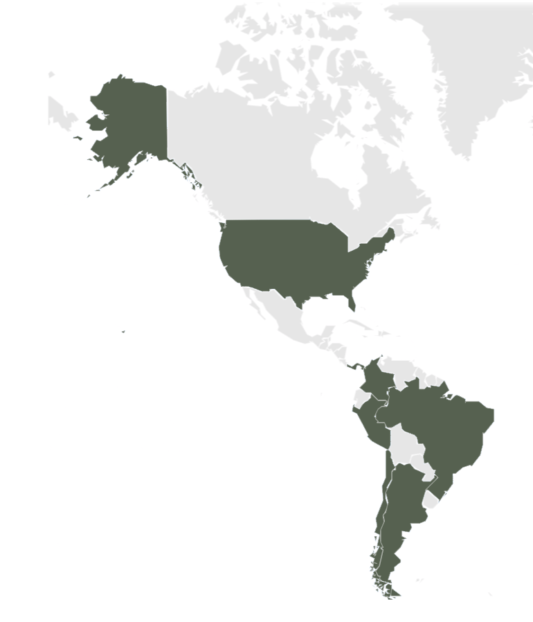 Map of the Americas with the United States, Colombia, Ecuador, Peru, Brazil, Argentina and Chile highlighted in green